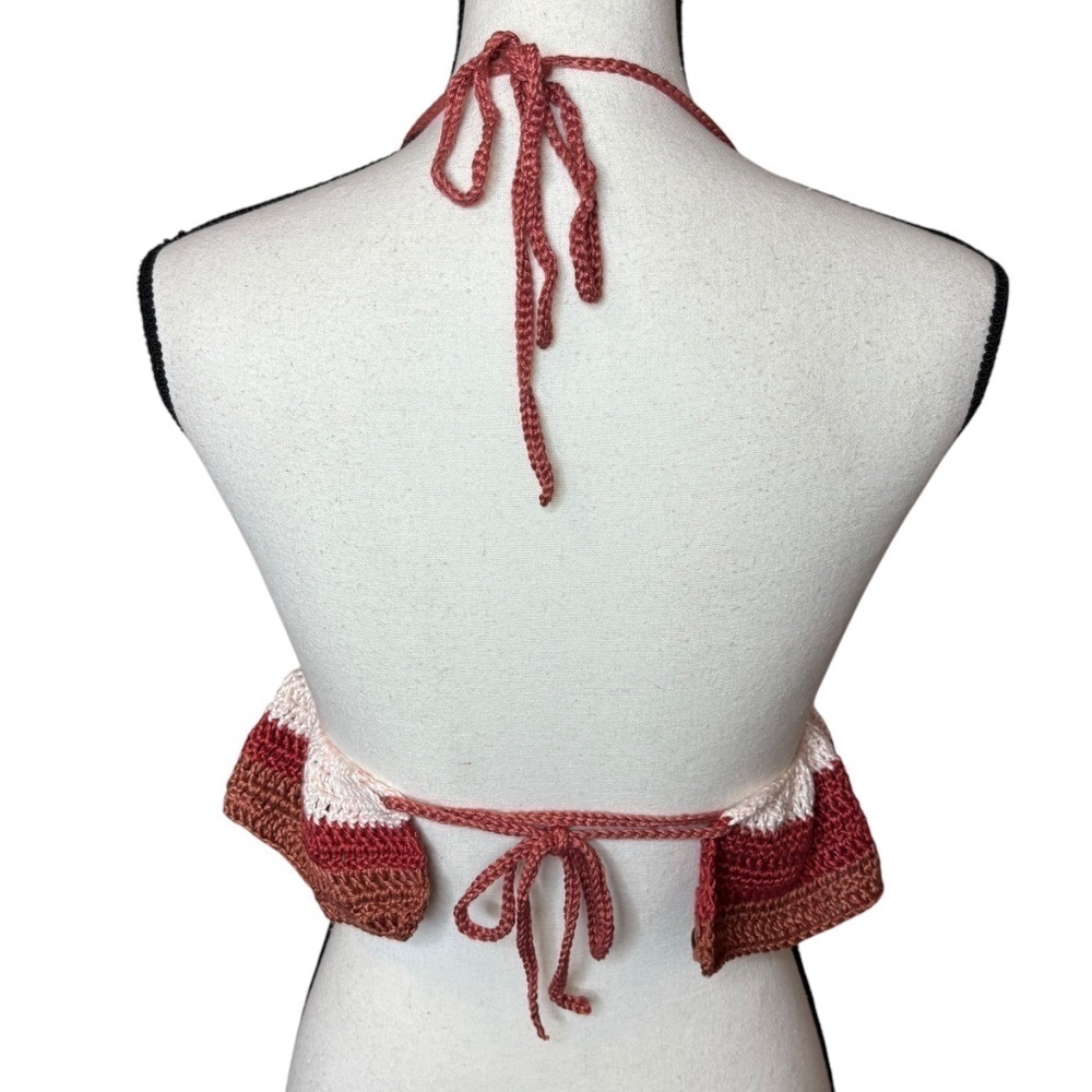 Handcrafted Ruffle Halter Crop Top Bamboo Yarn Art Handmade Crochet Knit Summer - Picture 4 of 16